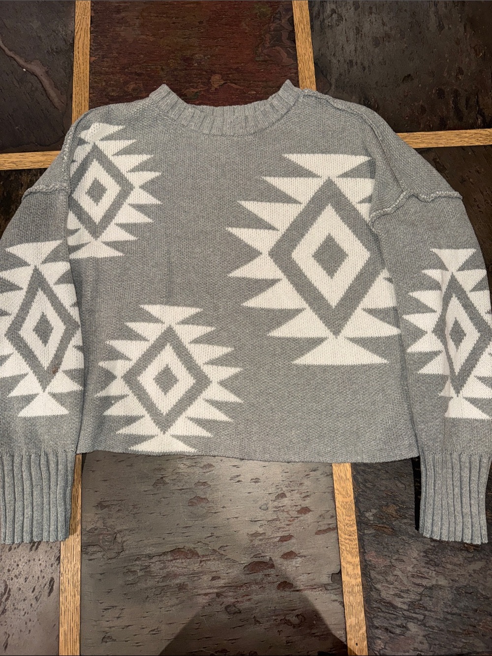 Haute Hippie Gray & White Geometric Crewneck Sweater